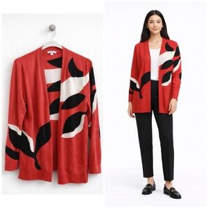 Chico’s Modern Long Sleeve Red & White Knit Cardigan Size 1 (US 10/Large)